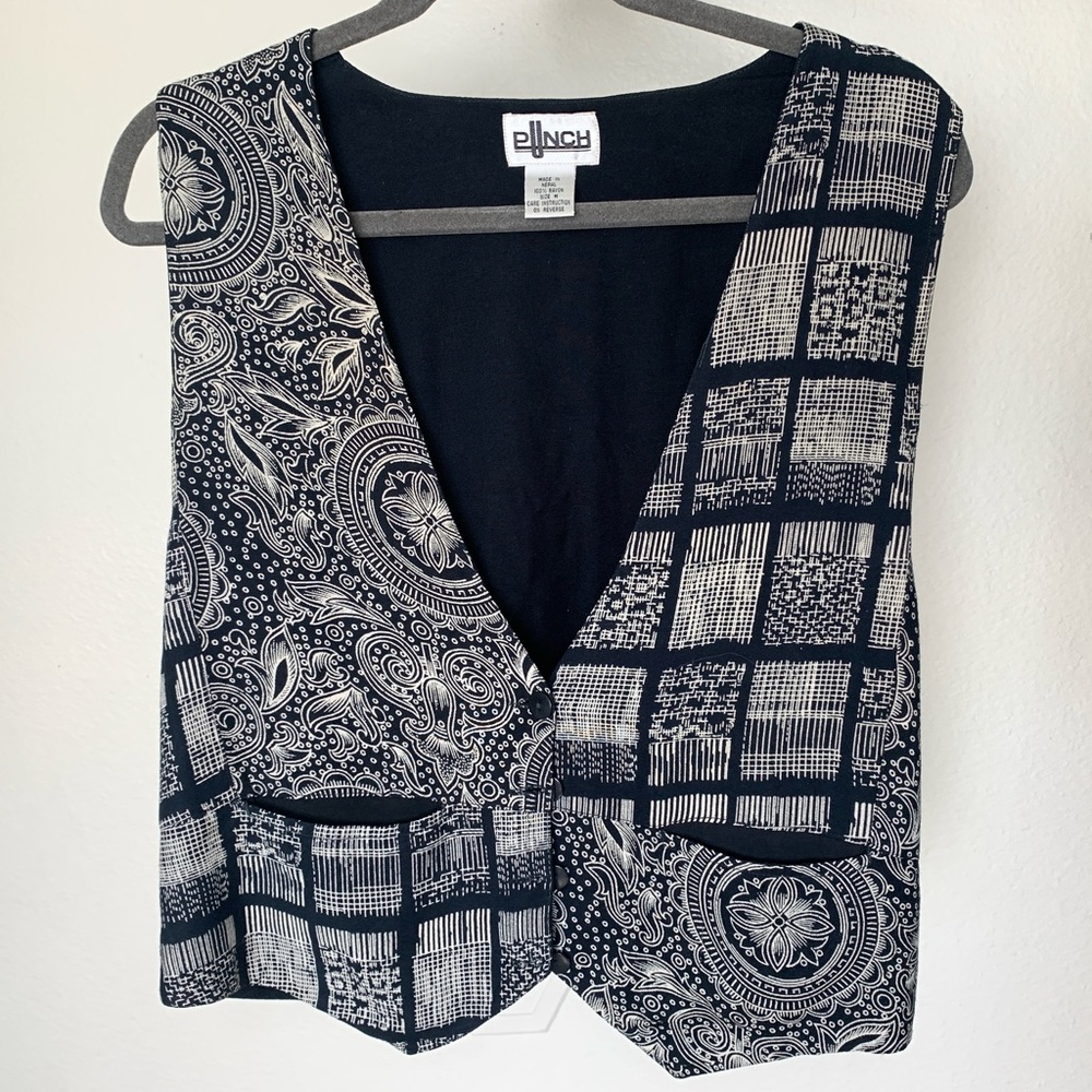 Vintage Black and white Vest, 90s abstract Tailored Vest for Women Sz M by Punch